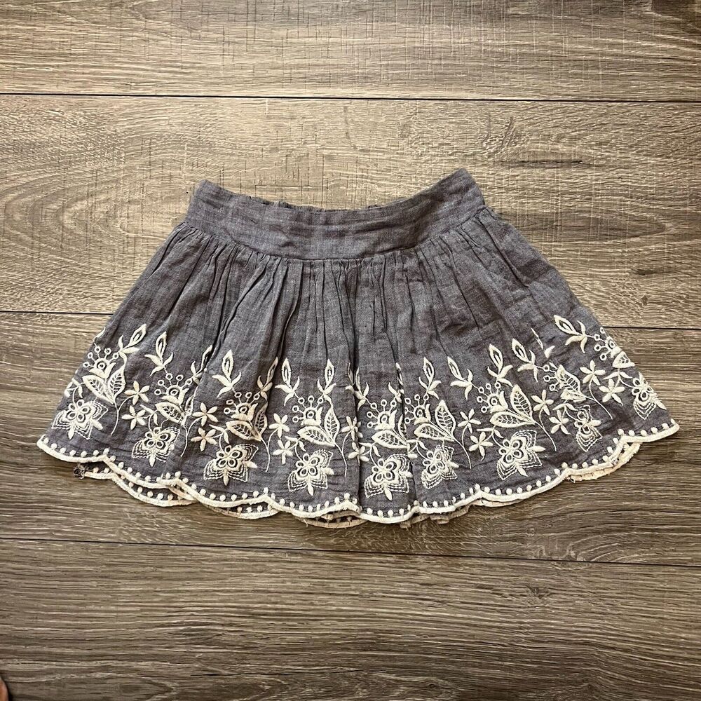 Sweet Ivy Skirt Girls size 2 Blue Cotton Cream Floral Embroidery Lined Chambray